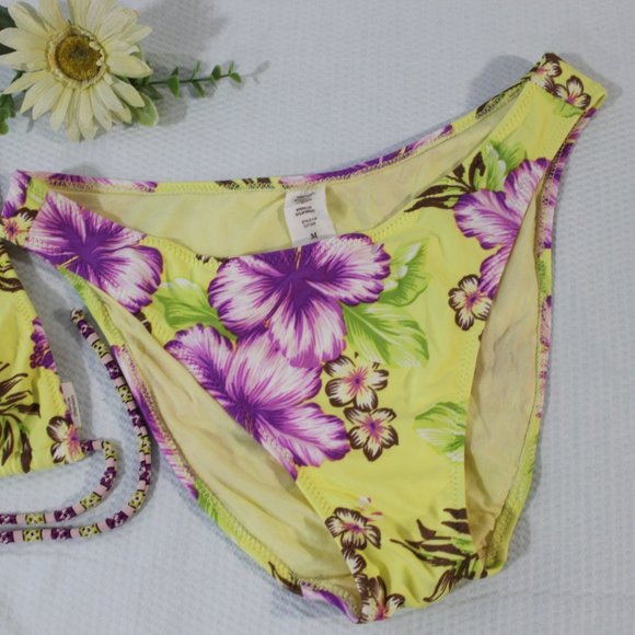 BOGO 💛 Yellow Purple Tropical Hibiscus Swimsuit Bikini Size Medium Floral - Picture 5 of 11